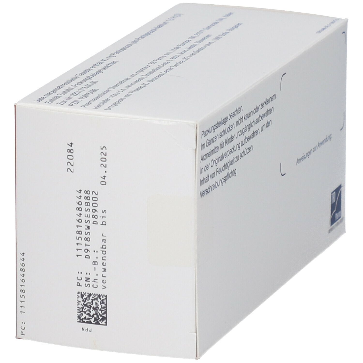Schachtel von Pantoprazol TAD 40 mg. Seitenansicht mit Produktinformationen, Chargennummer und Verfallsdatum 04.2025.