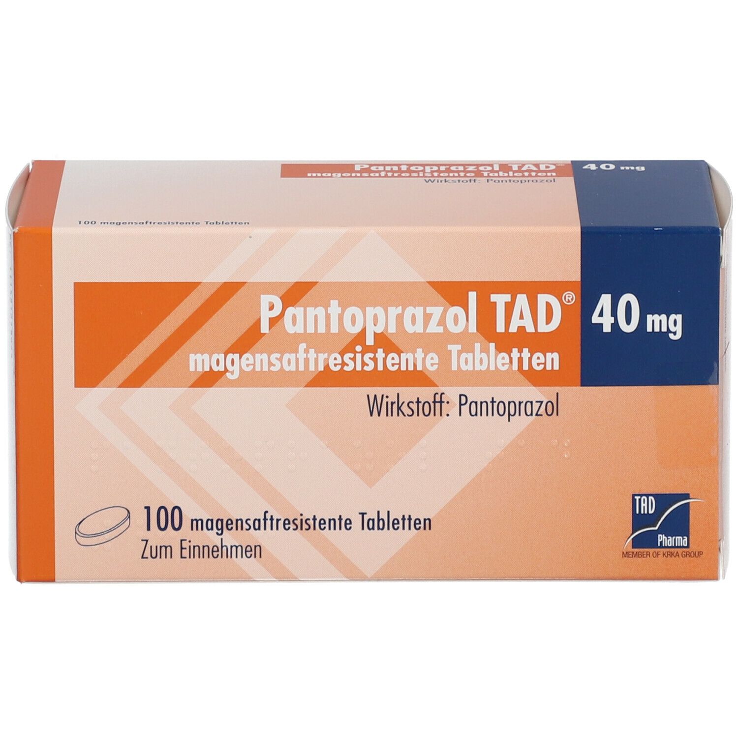Pantoprazol TAD 40 mg Schachtel. Orange-weißes Design mit Produktnamen, Dosierung und 100 Tabletten. TRD Pharma Logo.