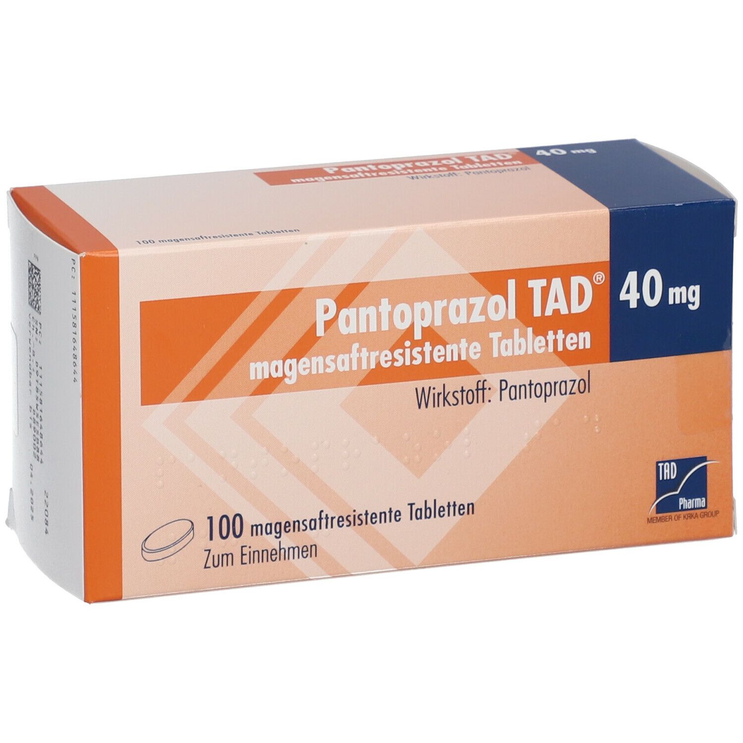 Pantoprazol TAD 40 mg Schachtel. Orange-weißes Design mit Produktnamen, Dosierung und 100 Tabletten. TRD Pharma Logo.