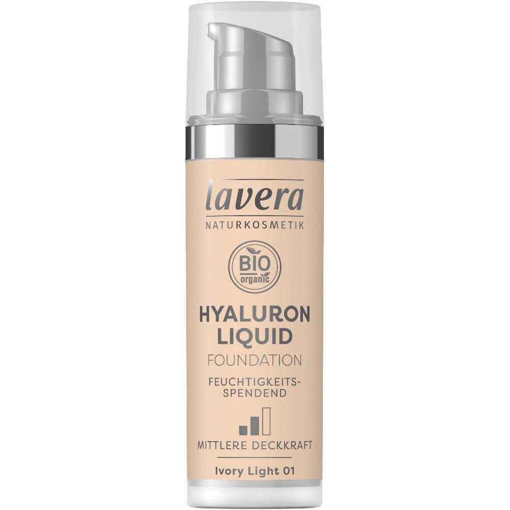 Flüssige Foundation in einer Flasche mit Pumpverschluss. Aufschrift: lavera, Hyaluron Liquid Foundation, Ivory Light 01. Bio-Siegel.