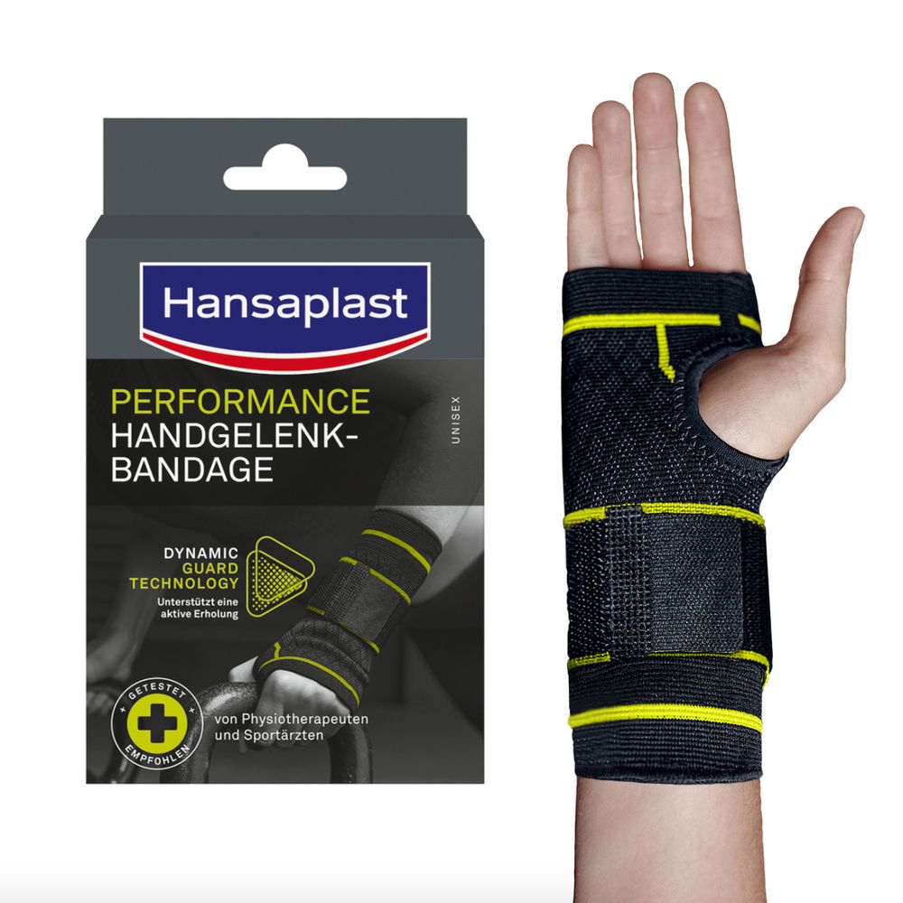 Handgelenkbandage und Verpackung. Schwarze Bandage mit gelben Streifen. Logo Hansaplast.