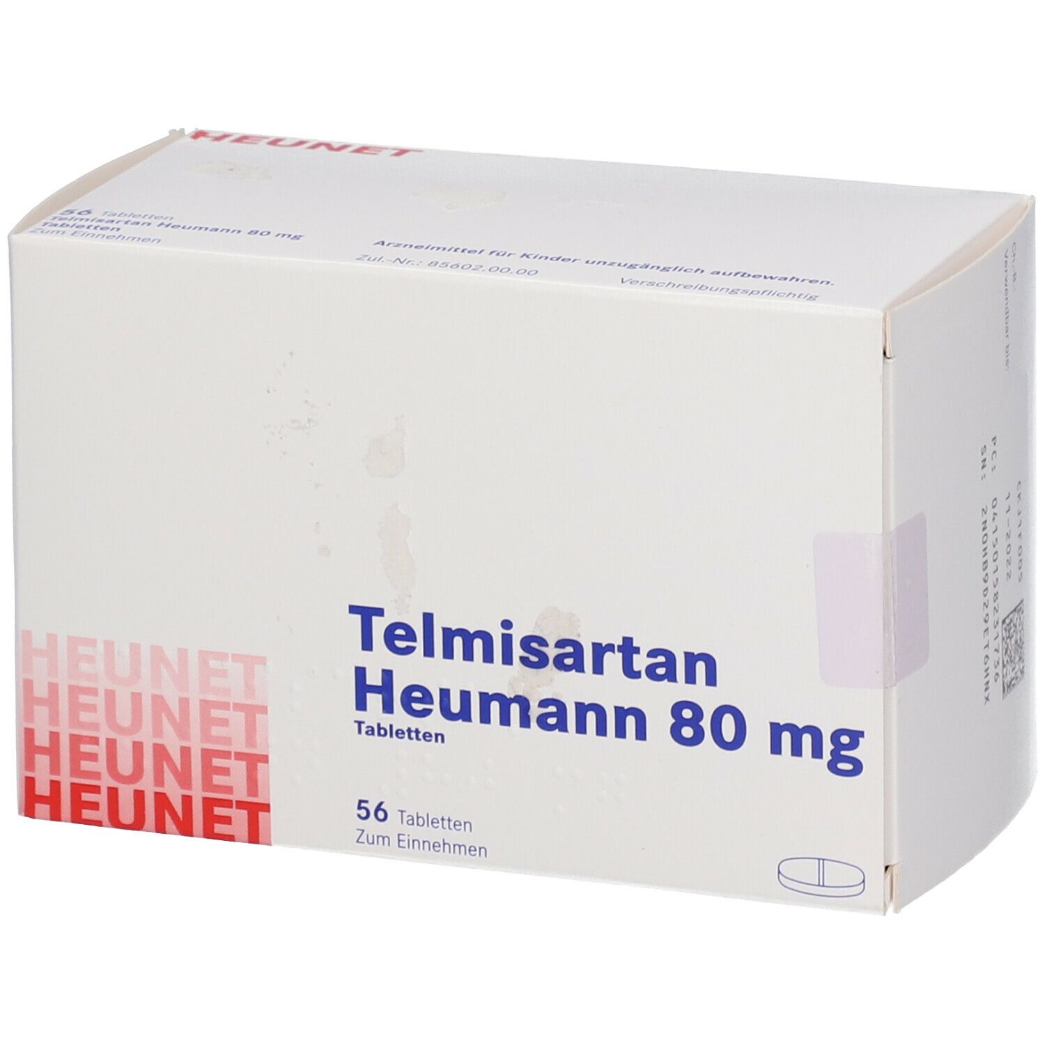 Weiße Faltschachtel mit Aufschrift Telmisartan Heumann 80 mg. 56 Tabletten. HEUNET-Logo. Tabletten-Symbol.