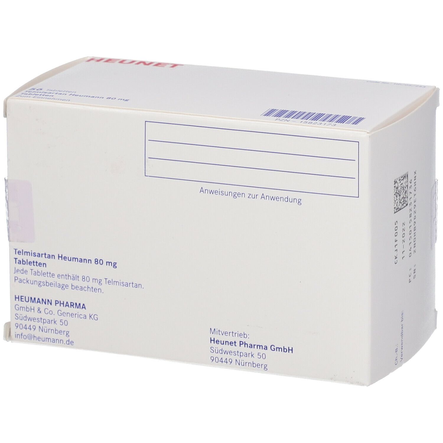 Rückseite einer weißen Faltschachtel. Text: Telmisartan Heumann 80 mg. Herstellerinformationen. Barcode. Aufschrift: Anweisungen zur Anwendung.
