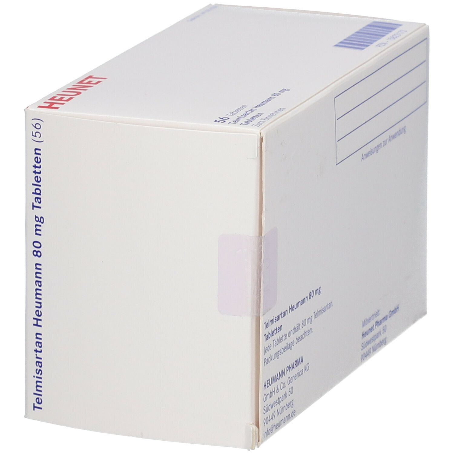 Weiße Faltschachtel mit Aufschrift Telmisartan Heumann 80 mg. 56 Tabletten. HEUNET-Logo. Herstellerinformationen auf der Seite.