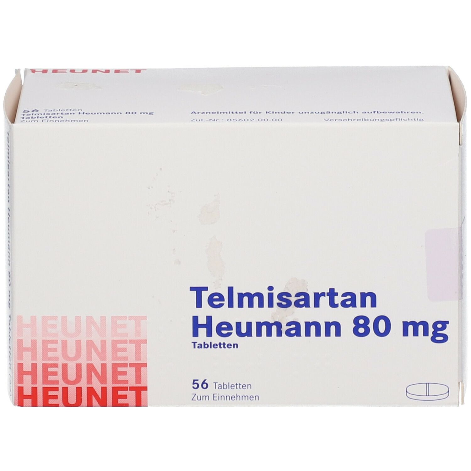 Weiße Faltschachtel mit Aufschrift Telmisartan Heumann 80 mg. 56 Tabletten. HEUNET-Logo. Tabletten-Symbol. Text: Zum Einnehmen.
