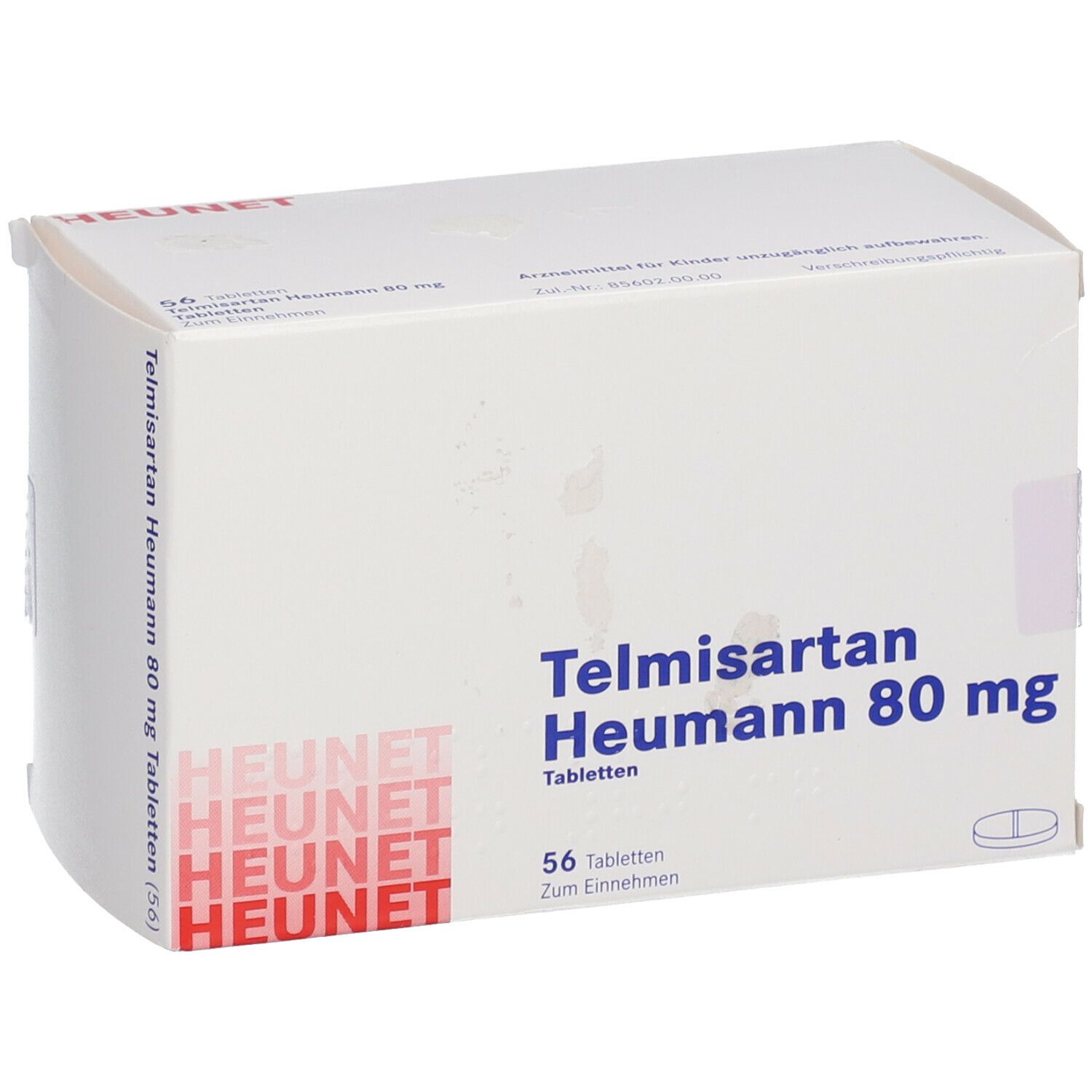 Weiße Faltschachtel mit Aufschrift Telmisartan Heumann 80 mg. 56 Tabletten. HEUNET-Logo. Tabletten-Symbol. Ansicht schräg von vorne.
