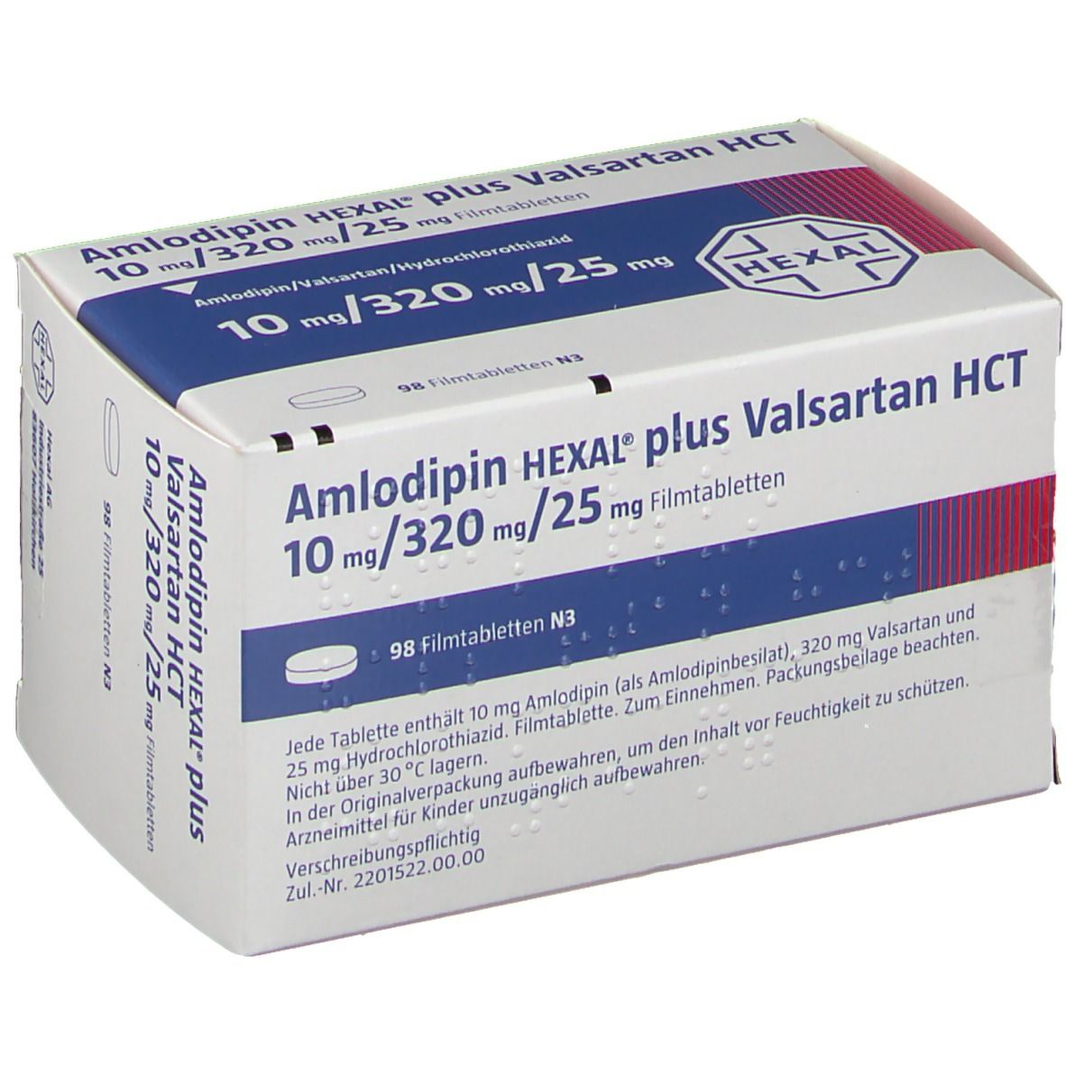 Schachtel mit Amlodipin HEXAL plus Valsartan HCT. Aufschrift: 10 mg/320 mg/25 mg. 98 Filmtabletten. Text über Inhaltsstoffe.