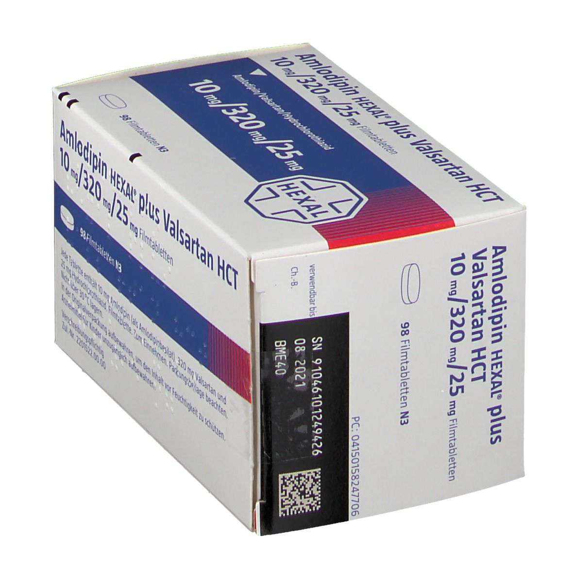 Schachtel mit Amlodipin HEXAL plus Valsartan HCT. Aufschrift: 10 mg/320 mg/25 mg. 98 Filmtabletten. Barcode und Chargennummer.