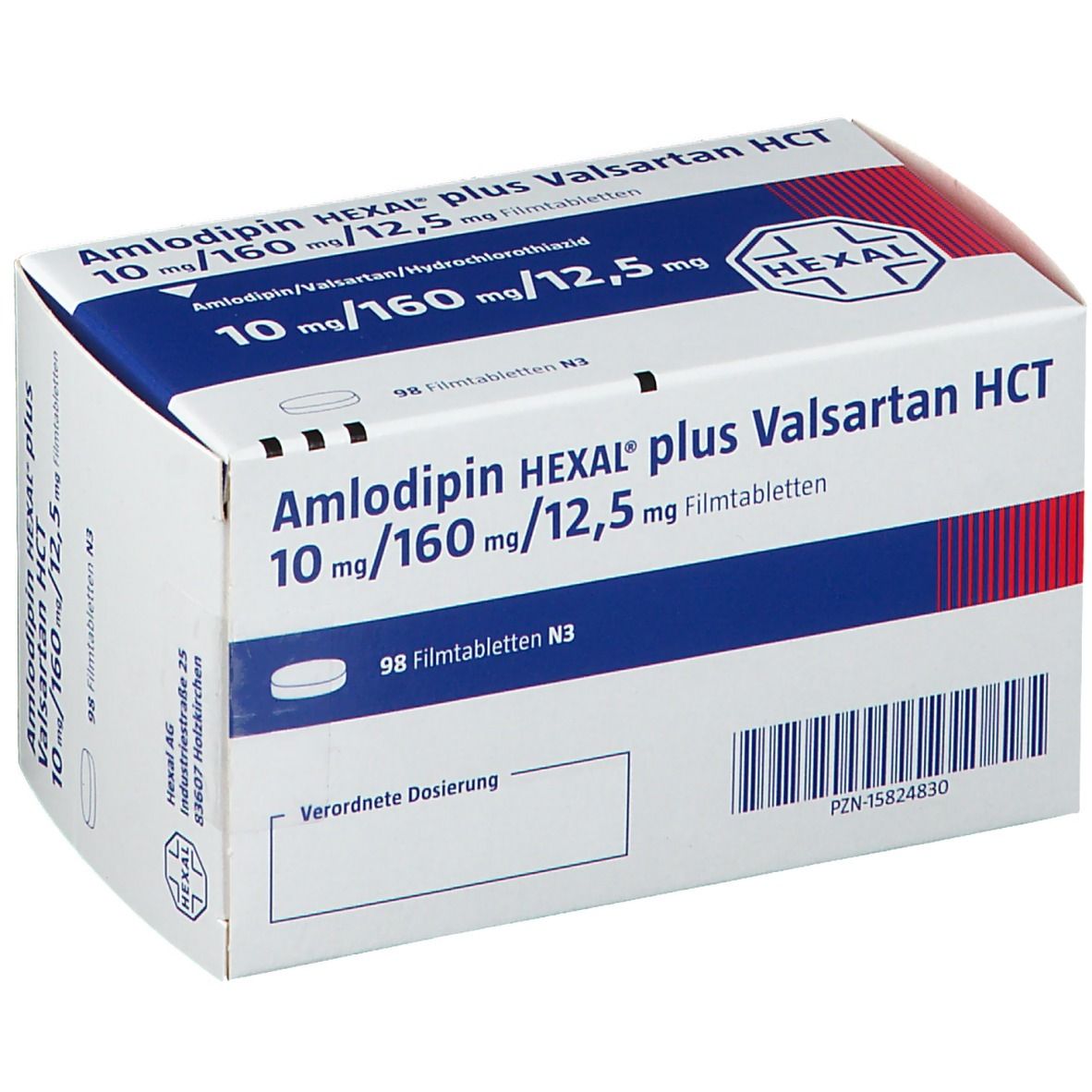 Karton von Amlodipin HEXAL plus Valsartan HCT. Aufdruck: 10 mg/160 mg/12,5 mg Filmtabletten. 98 Filmtabletten N3. HEXAL Logo.