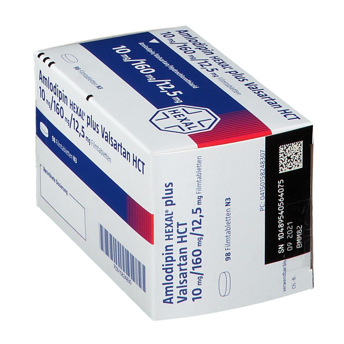 Karton von Amlodipin HEXAL plus Valsartan HCT. Aufdruck: 10 mg/160 mg/12,5 mg Filmtabletten. 98 Filmtabletten N3. HEXAL Logo.