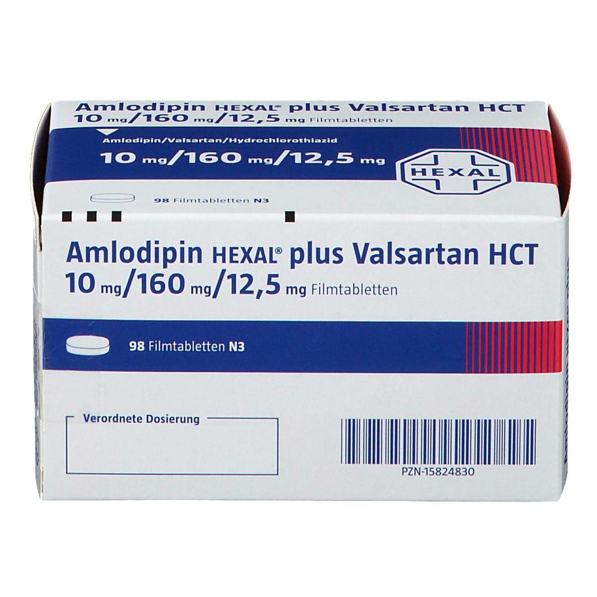 Karton von Amlodipin HEXAL plus Valsartan HCT. Aufdruck: 10 mg/160 mg/12,5 mg Filmtabletten. 98 Filmtabletten N3. HEXAL Logo.