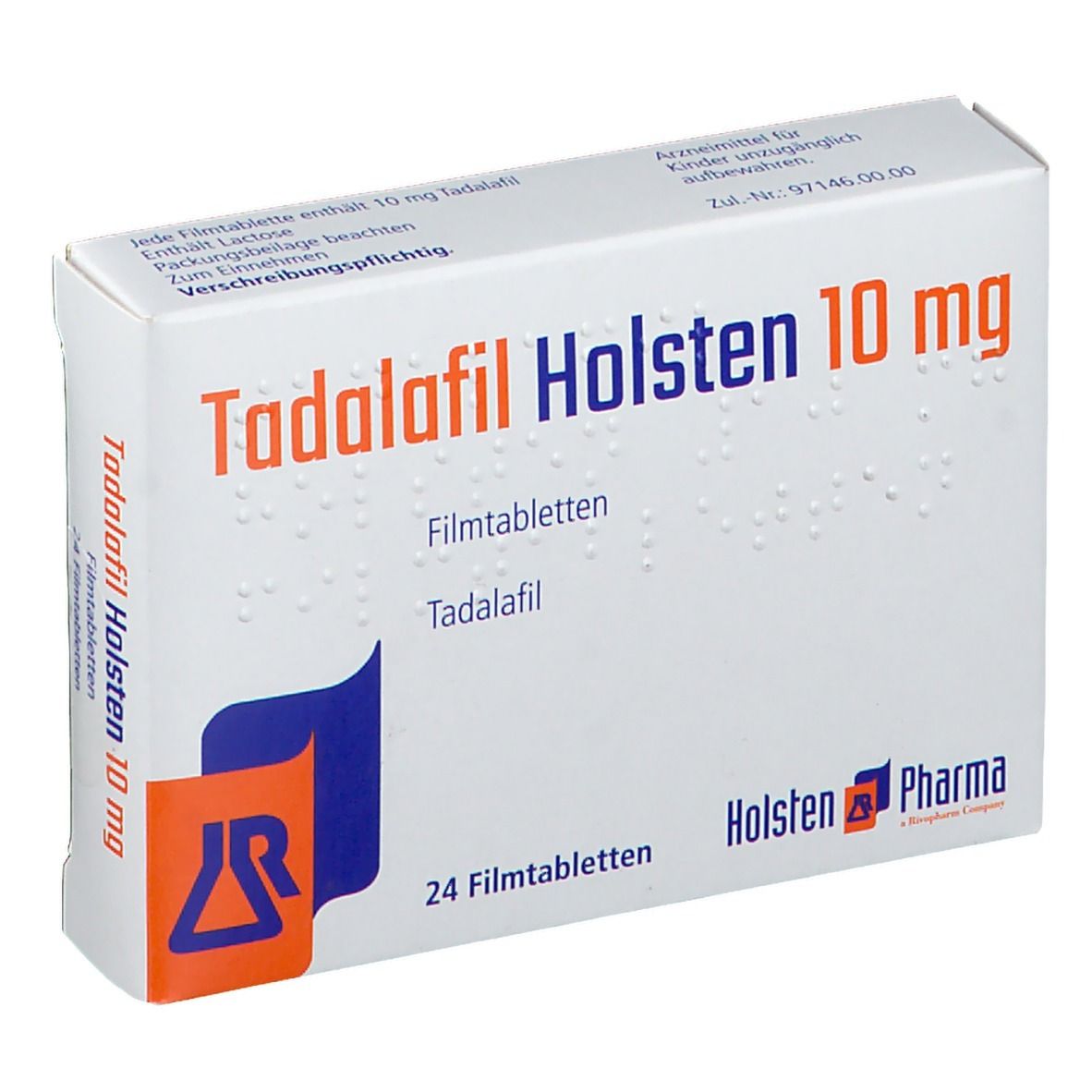 Schachtel Tadalafil Holsten 10 mg. Weiße Verpackung mit roter und blauer Schrift. Enthält 24 Filmtabletten. Logo Holsten Pharma.