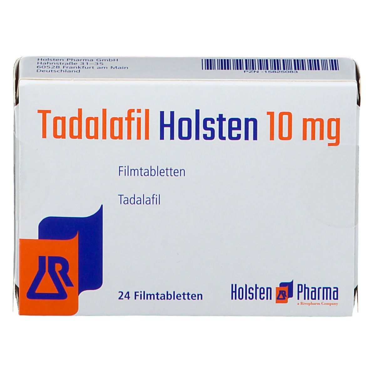 Schachtel Tadalafil Holsten 10 mg. Weiße Verpackung mit roter und blauer Schrift. Enthält 24 Filmtabletten. Logo Holsten Pharma.
