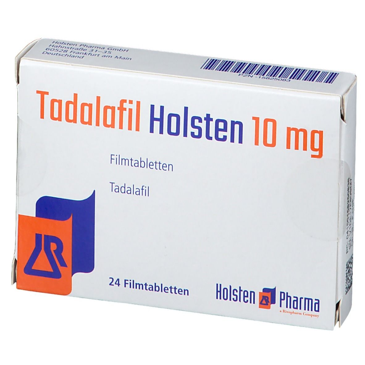 Schachtel Tadalafil Holsten 10 mg. Weiße Verpackung mit roter und blauer Schrift. Enthält 24 Filmtabletten. Logo Holsten Pharma.