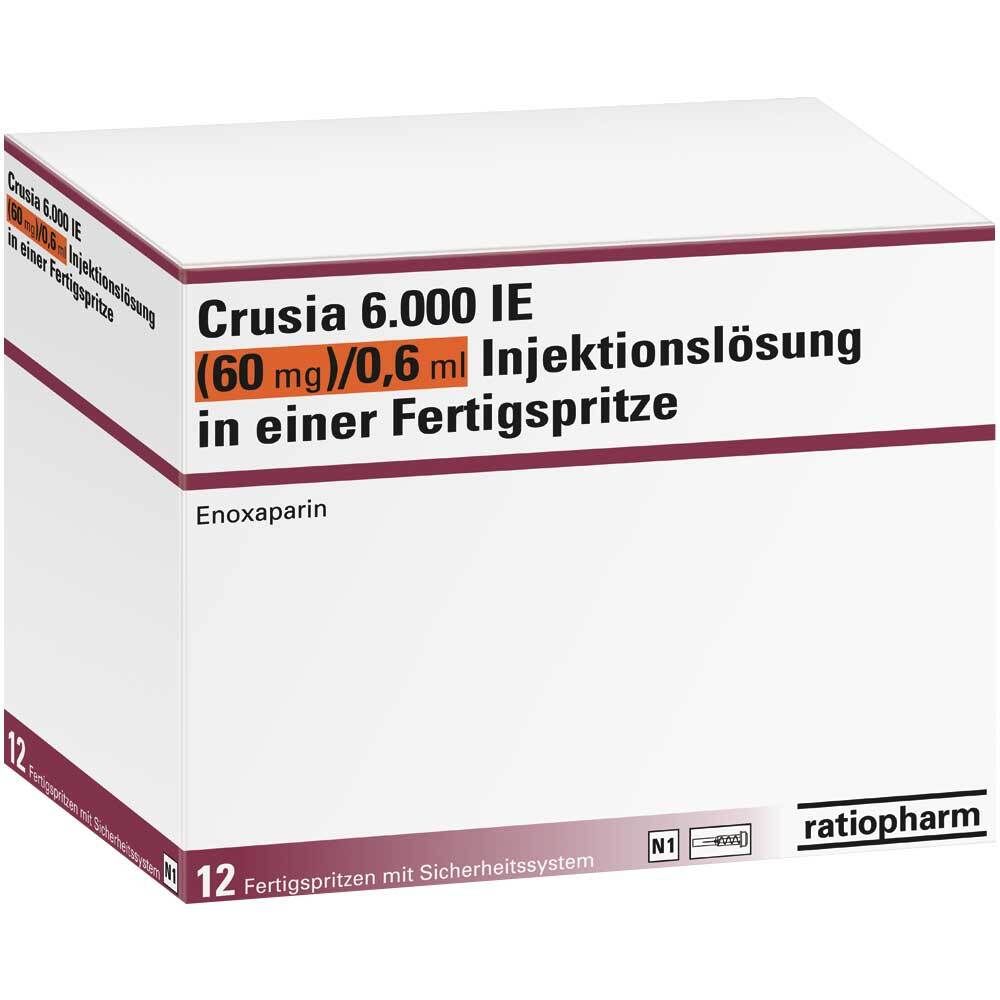 Karton mit CRUSIA 6.000 IE Injektionslösung. Enthält 12 Fertigspritzen mit Sicherheitssystem. Marke: ratiopharm.