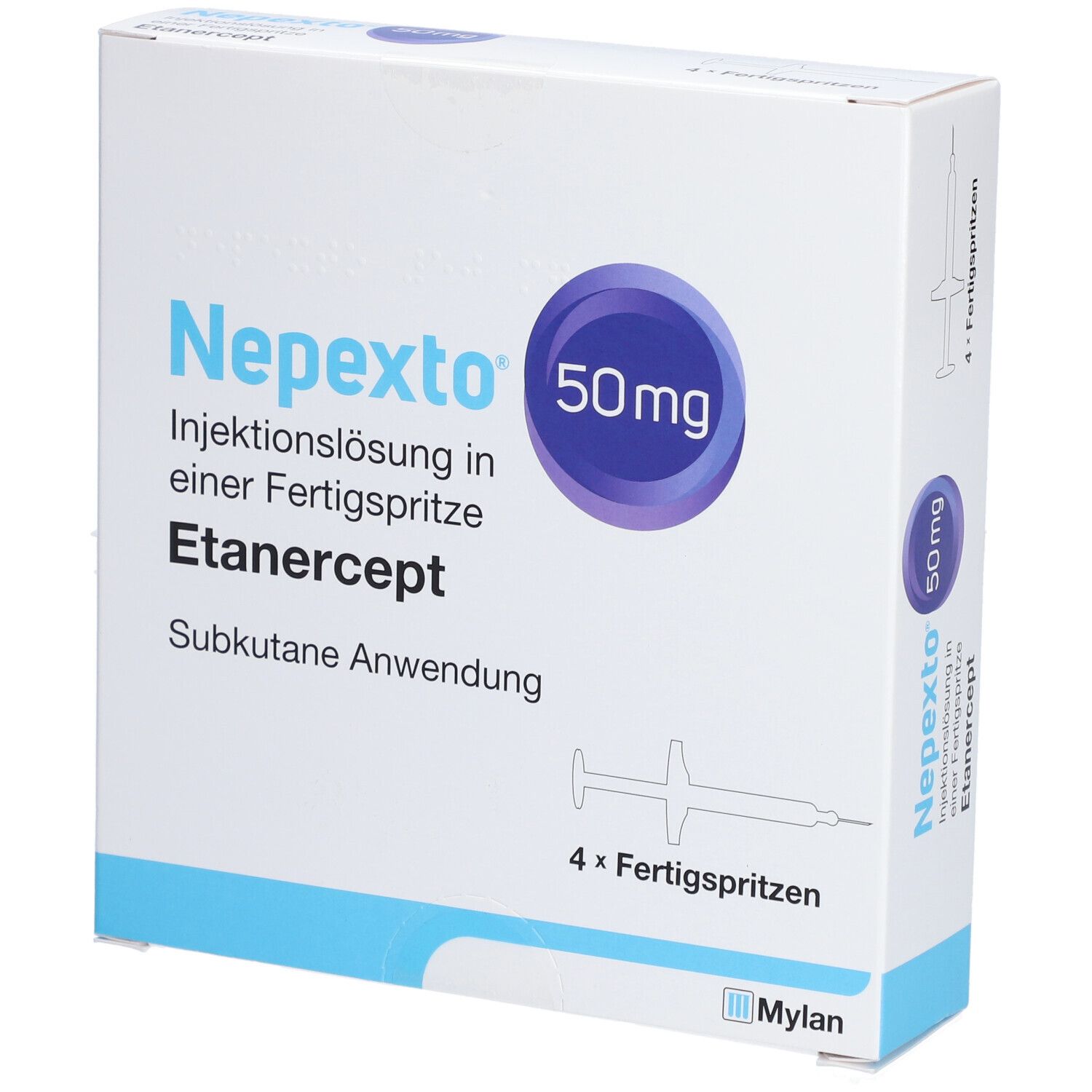 Schachtel mit Nepexto 50 mg. Aufschrift: Injektionslösung in Fertigspritze, Etanercept, subkutane Anwendung. Enthält 4 Fertigspritzen.