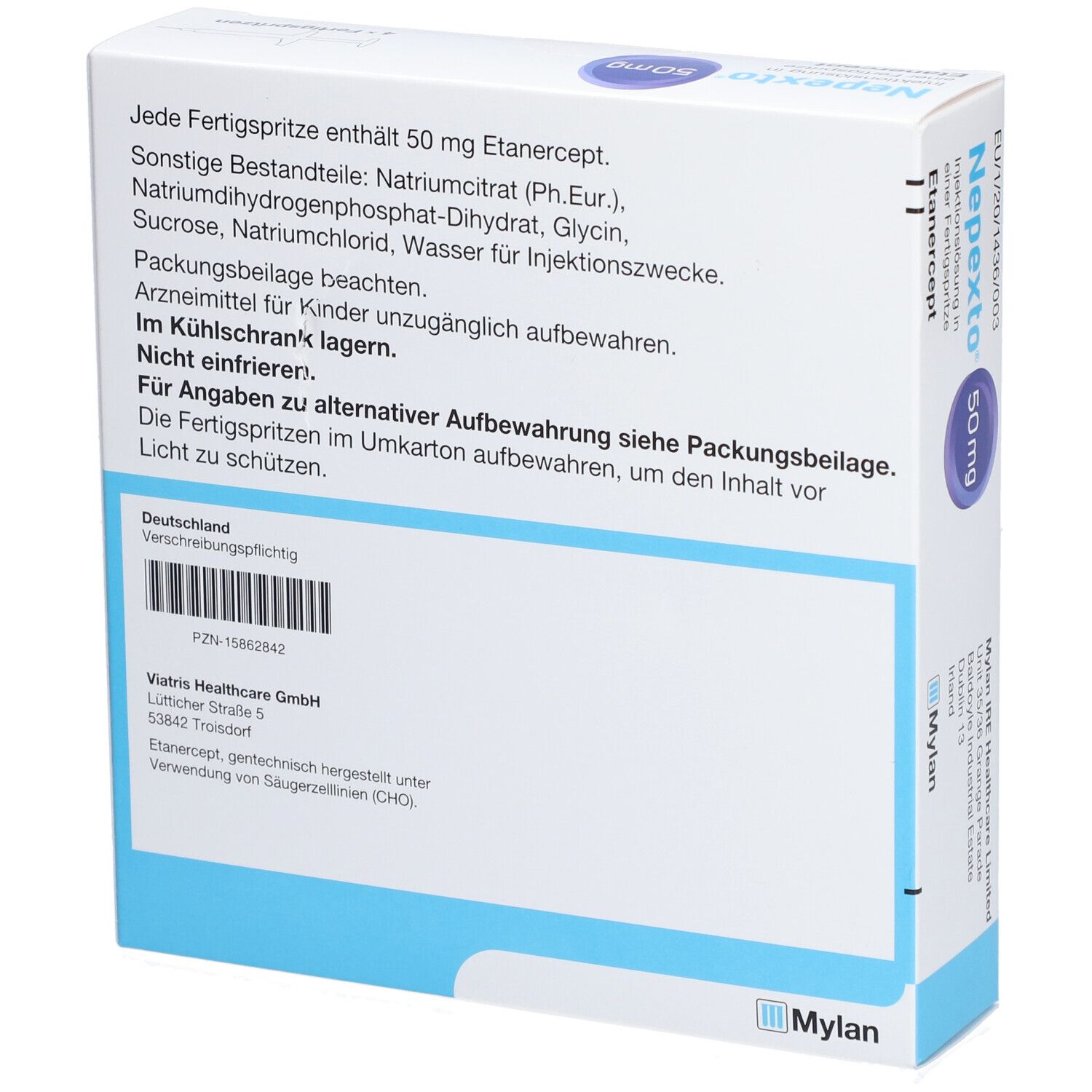 Rückseite der Nepexto 50 mg Schachtel. Text: Zusammensetzung, Packungsbeilage beachten, kühl lagern. Herstellerinformationen und Barcode.