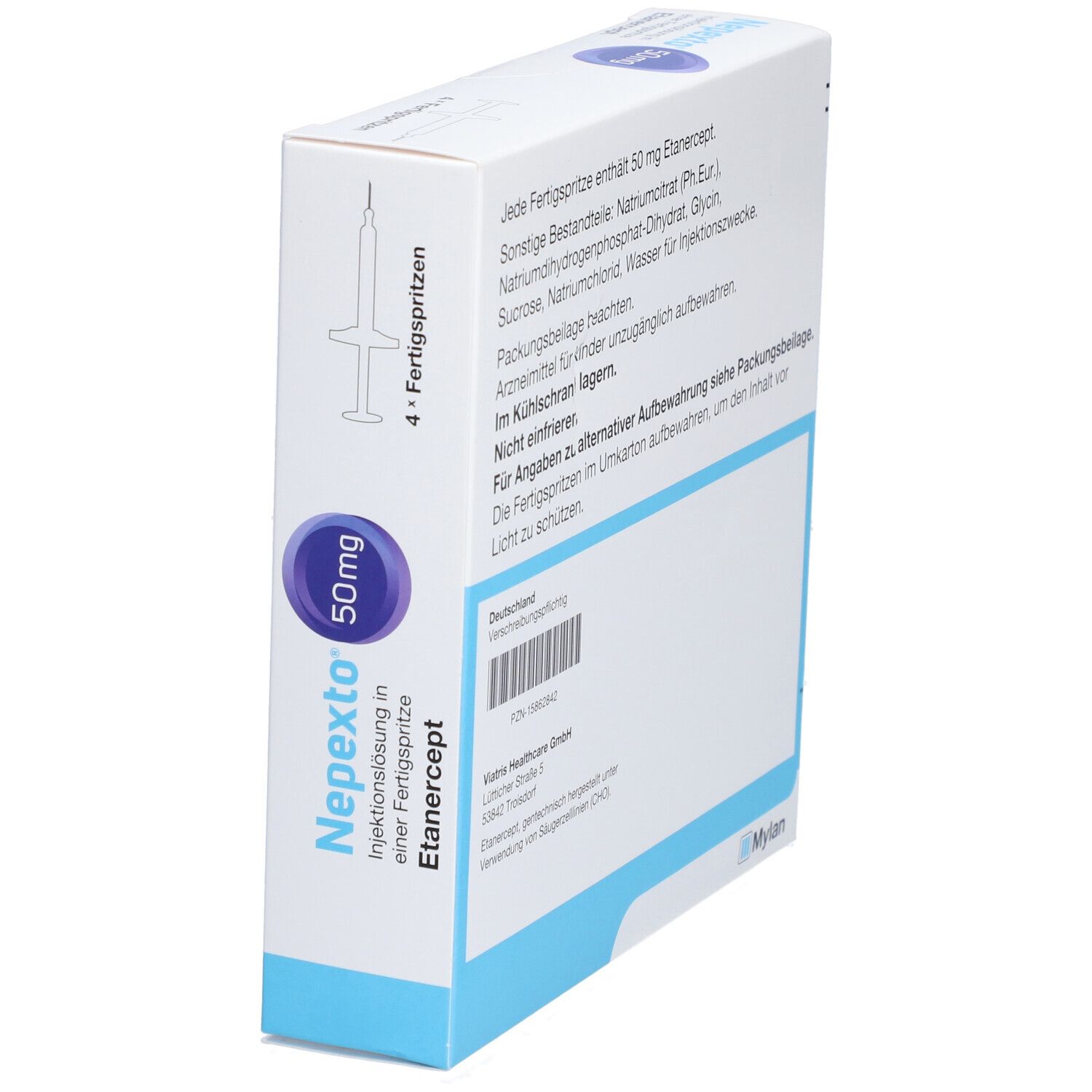 Schachtel Nepexto 50 mg, schräg. Rückseite mit Text und Barcode. Aufschrift: Injektionslösung in Fertigspritze, Etanercept, 4 Fertigspritzen.