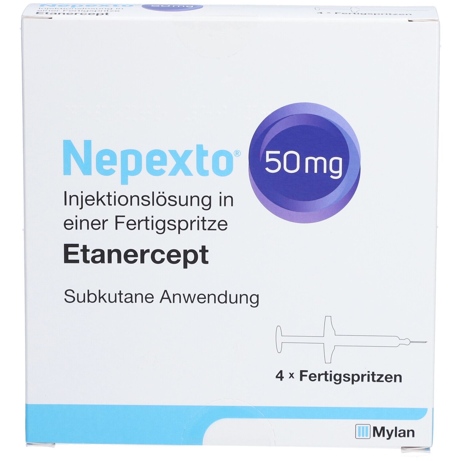 Schachtel mit Nepexto 50 mg. Aufschrift: Injektionslösung in Fertigspritze, Etanercept, subkutane Anwendung. Enthält 4 Fertigspritzen.