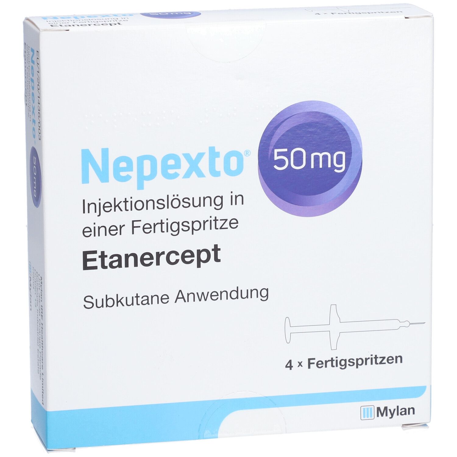 Schachtel mit Nepexto 50 mg. Aufschrift: Injektionslösung in Fertigspritze, Etanercept, subkutane Anwendung. Enthält 4 Fertigspritzen.