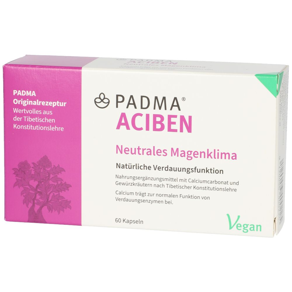 Padma Aciben Kapseln-Packung. Weiß-rosa Schachtel mit Produktnamen und Inhaltsangaben. Vegan-Siegel.