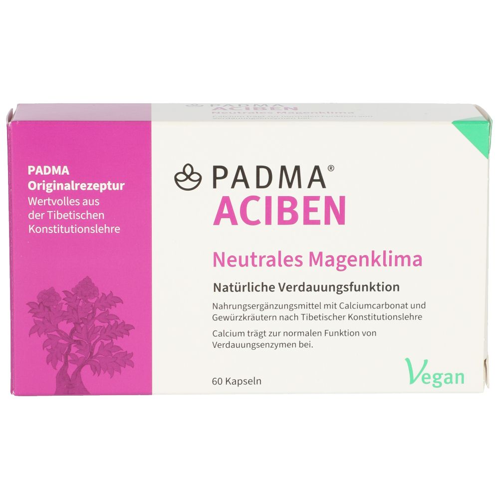 Padma Aciben Kapseln-Packung. Weiß-rosa Schachtel mit Produktnamen und Inhaltsangaben. Vegan-Siegel.