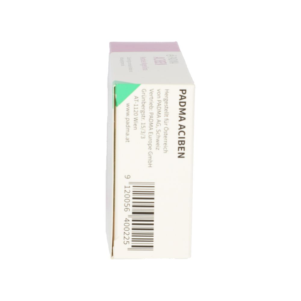Seitenansicht der Padma Aciben Kapseln-Packung. Weiß mit rosa und grün. Barcode und Herstellerinformationen.