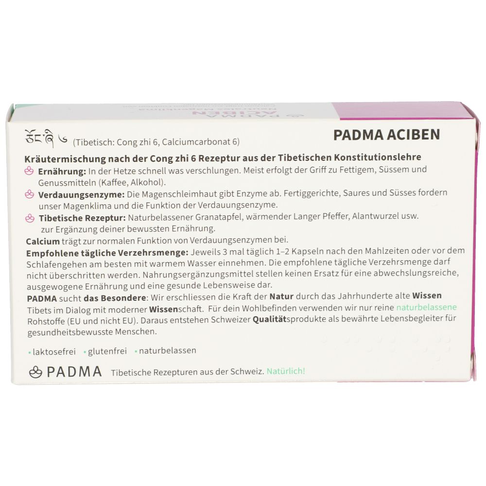 Rückseite der Padma Aciben Kapseln-Packung. Text mit Inhaltsstoffen und Anwendungshinweisen. Padma Logo.