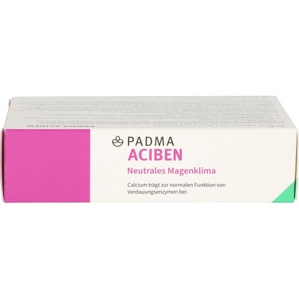 Padma Aciben Kapseln-Packung. Weiß-rosa Schachtel mit Produktnamen und Inhaltsangaben. Vegan-Siegel.