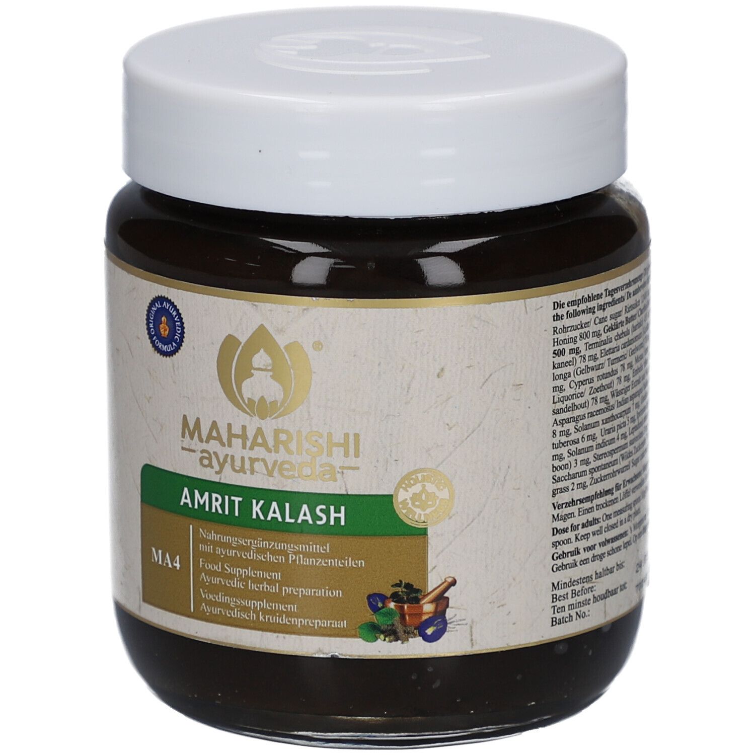 Braune Paste in einem Glas mit weißem Deckel. Etikett mit Text: Amrit Kalash, MA4, Maharishi Ayurveda. Siegel.