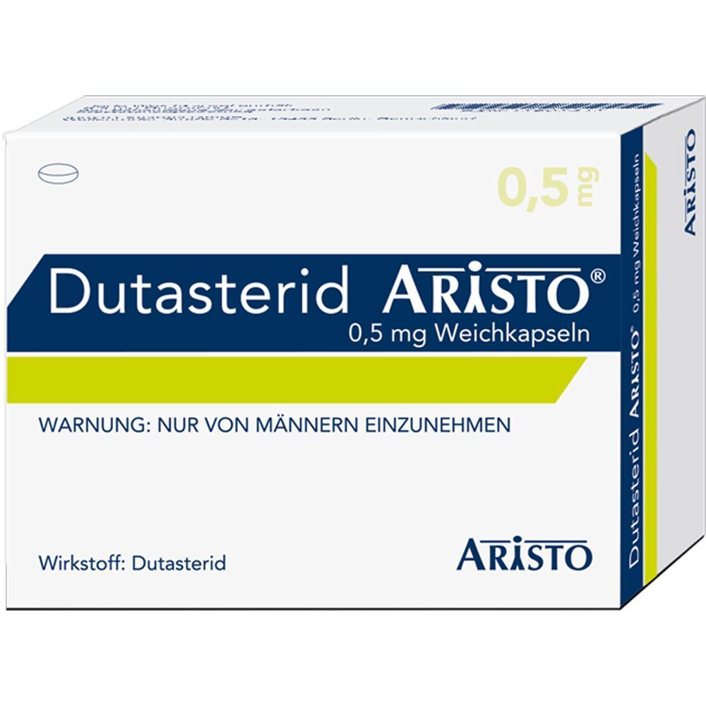 Schachtel mit Dutasterid Aristo 0,5 mg Weichkapseln. Weiß, blau und gelb. Aufschrift: Dutasterid Aristo, 0,5 mg, Warnhinweis.