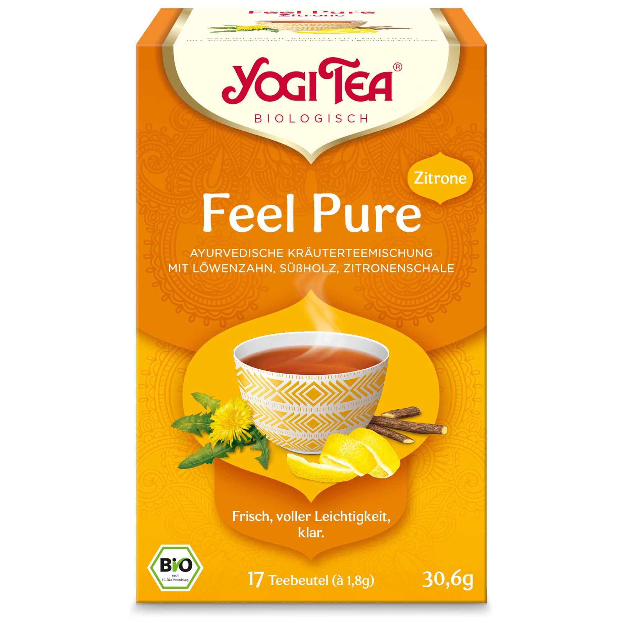 Verpackung von YOGI TEA ® Feel Pure Zitrone Bio. Enthält 17 Teebeutel. Bio-Siegel.
