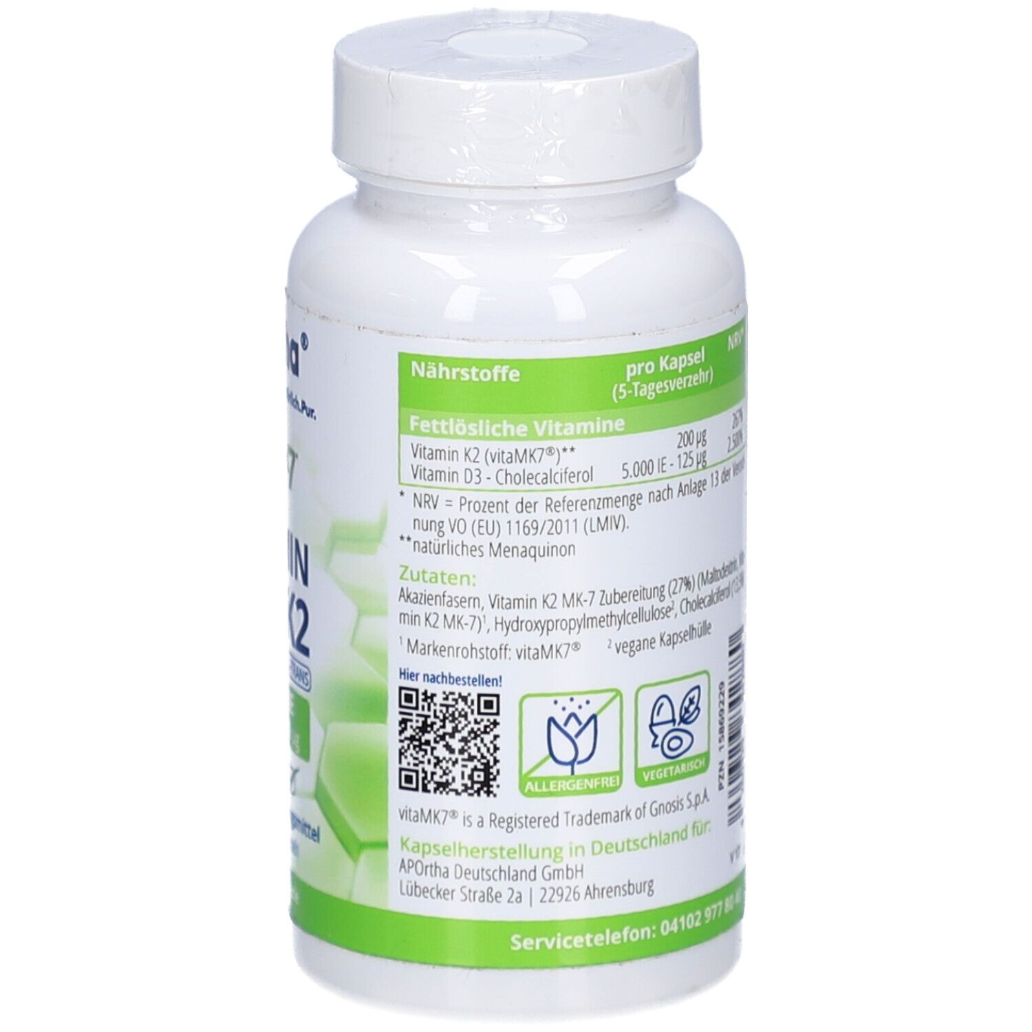 Rückseite der weißen Flasche. Enthält Informationen zu Inhaltsstoffen und Nährwerten. Vegan-Siegel.