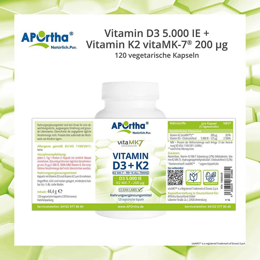 Rückseite der Flasche APOrtha® Vitamin D3 + K2. Informationen zu Inhaltsstoffen und Nährwerten. 120 vegetarische Kapseln.