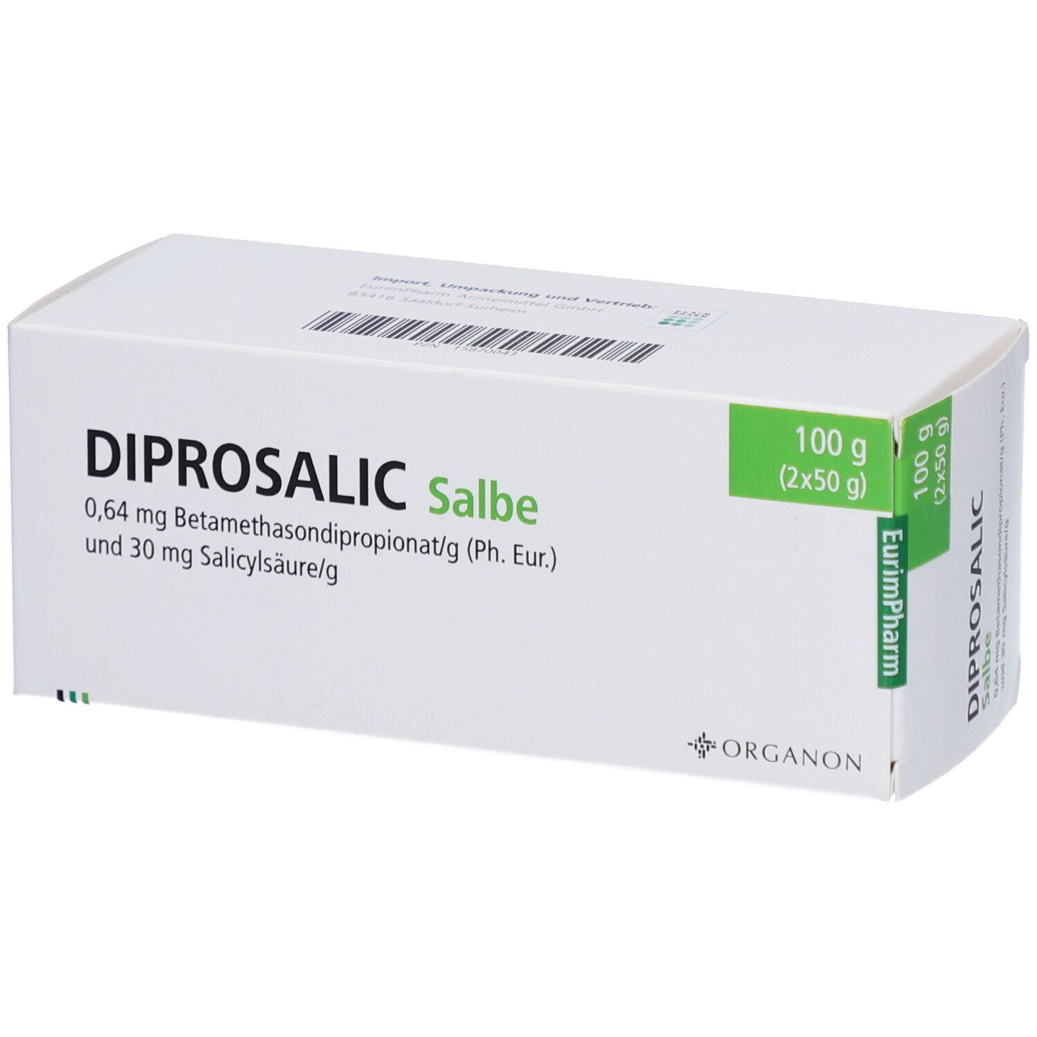 Weiße Faltschachtel mit Aufschrift DIPROSALIC Salbe. Grün markiert: 100 g (2x50 g). Enthält Wirkstoffe.