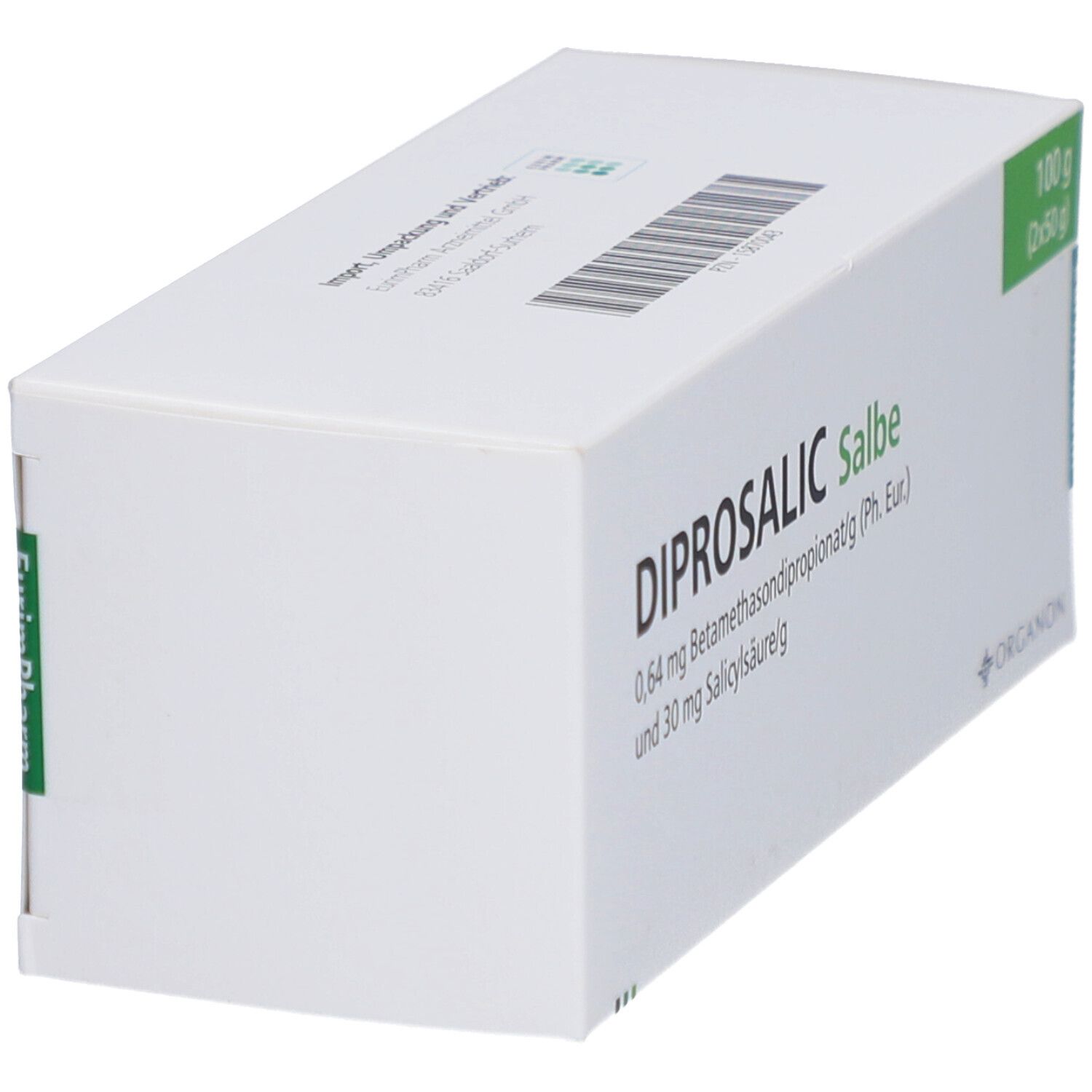 Weiße Faltschachtel, schräg. Aufschrift DIPROSALIC Salbe. Grüne Markierung mit Gewicht. Barcode auf der Oberseite.