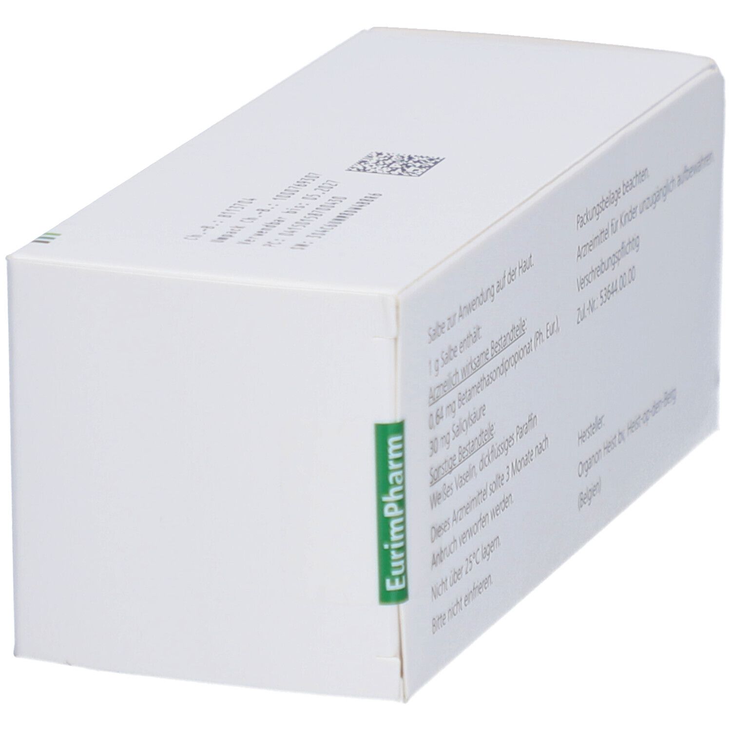 Weiße Faltschachtel, schräg, Rückseite. Text: Salbe zur Anwendung auf der Haut. Hersteller, Chargennummer.