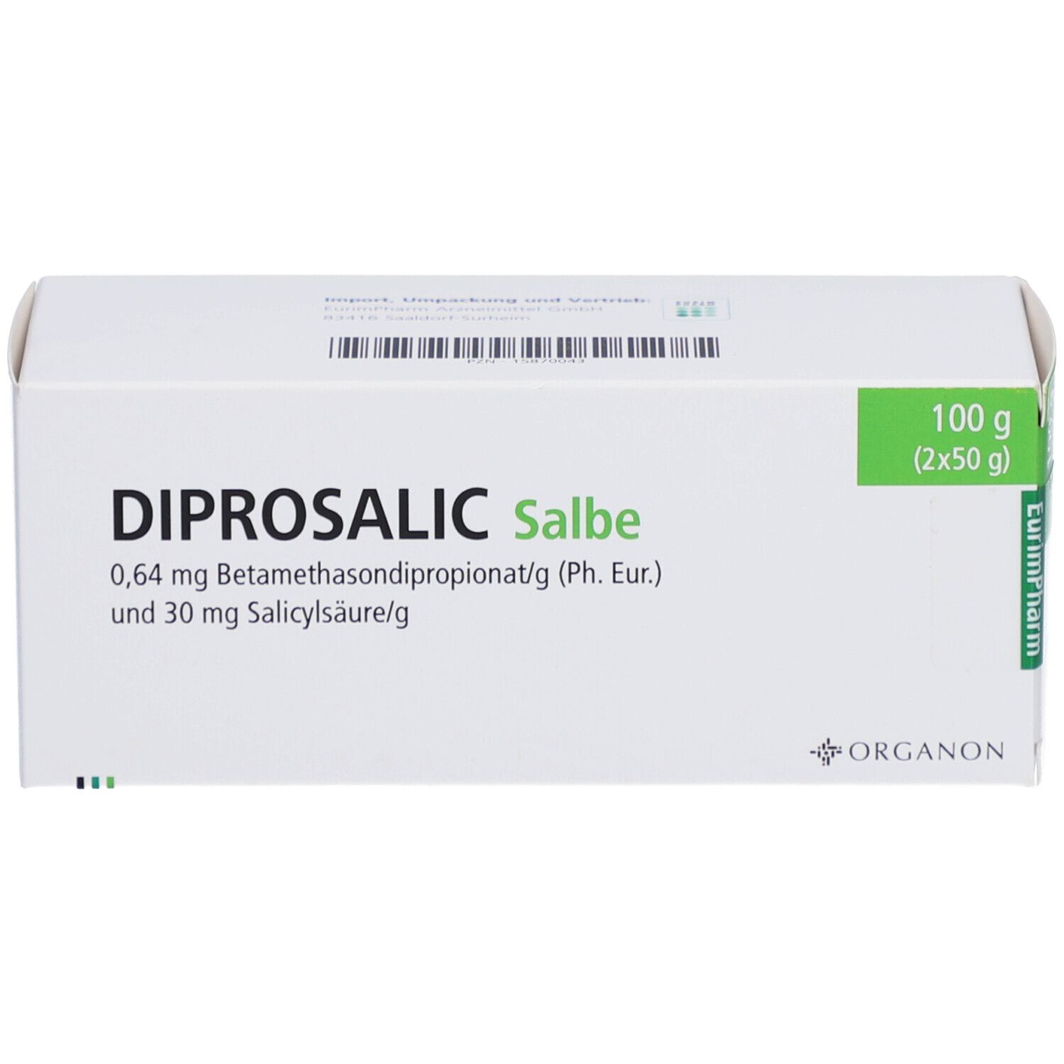Weiße Faltschachtel mit Aufschrift DIPROSALIC Salbe. Grüne Markierung mit Gewicht. Wirkstoffangaben.