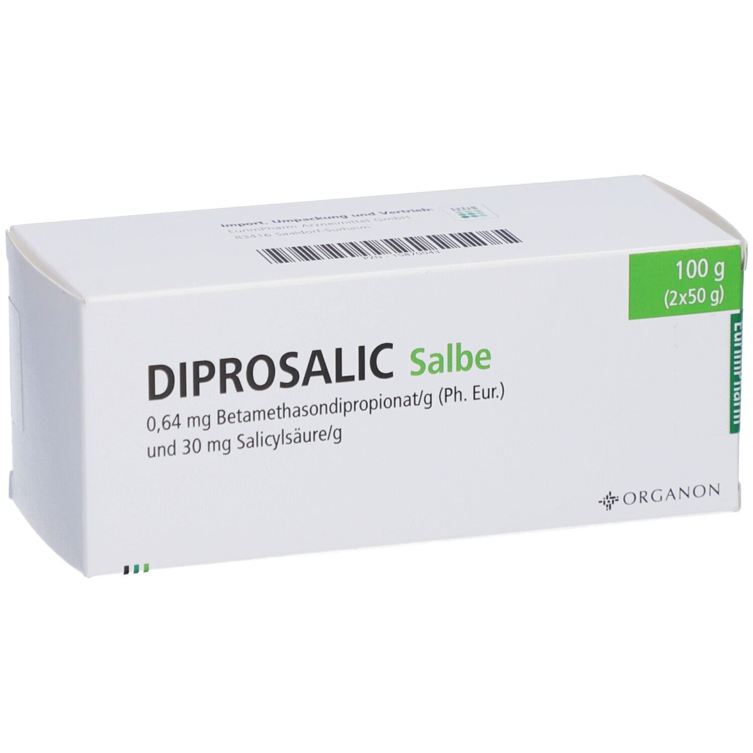 Weiße Faltschachtel mit Aufschrift DIPROSALIC Salbe. Grüne Markierung mit Gewicht. Wirkstoffangaben.