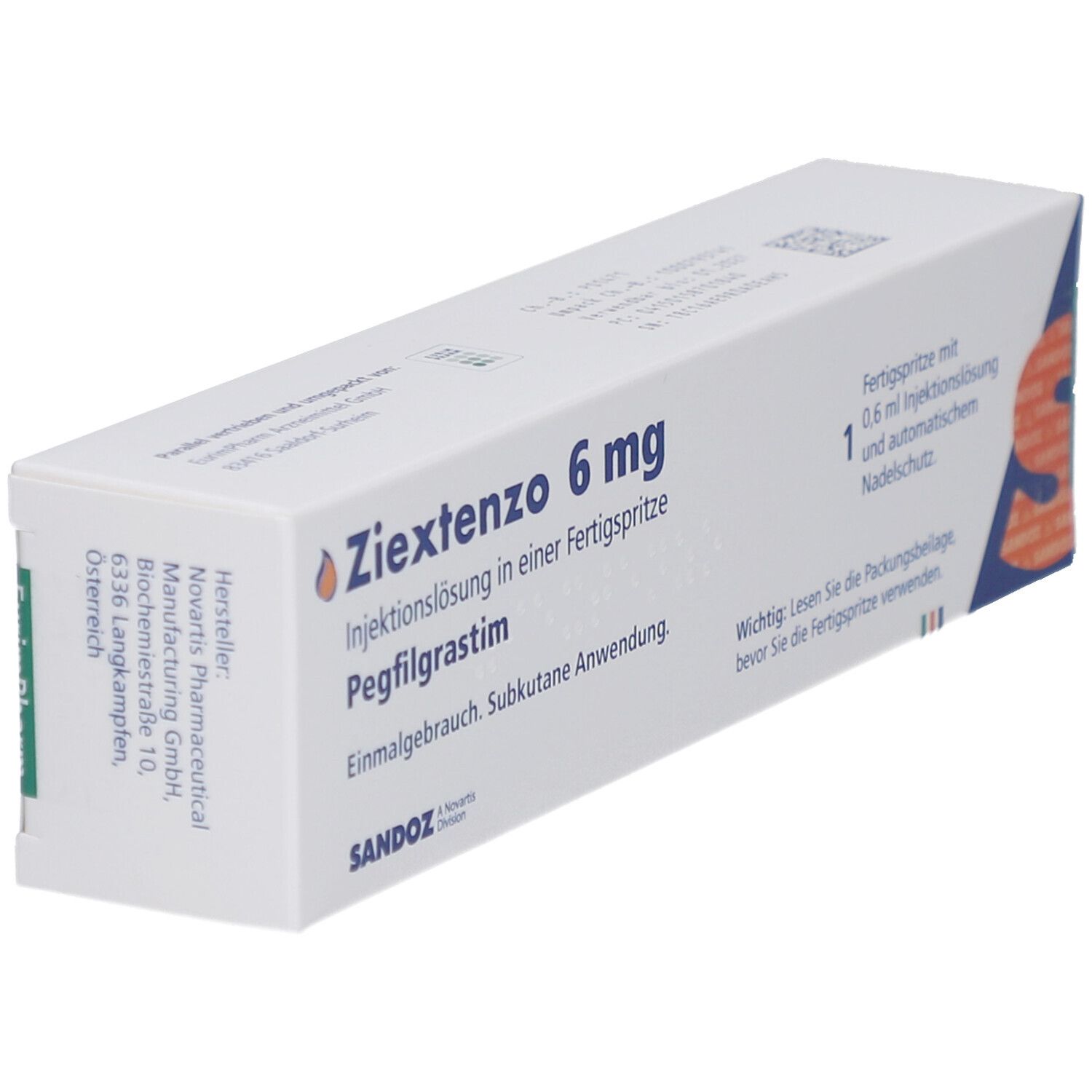Ziextenzo 6 mg-Verpackung. Text: Injektionslösung in einer Fertigspritze, Pegfilgrastim, Sandoz. Hersteller: Novartis.