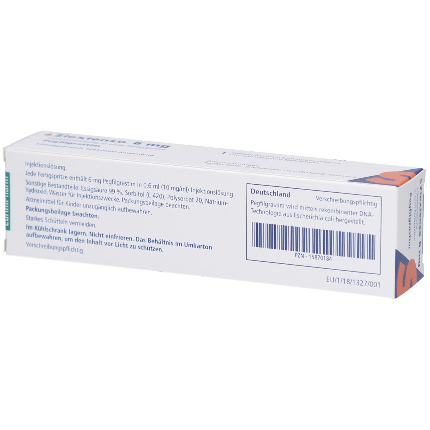 Rückseite der Ziextenzo 6 mg-Verpackung. Text: Inhaltsstoffe, Deutschland. Hersteller: Novartis. Chargennummer.