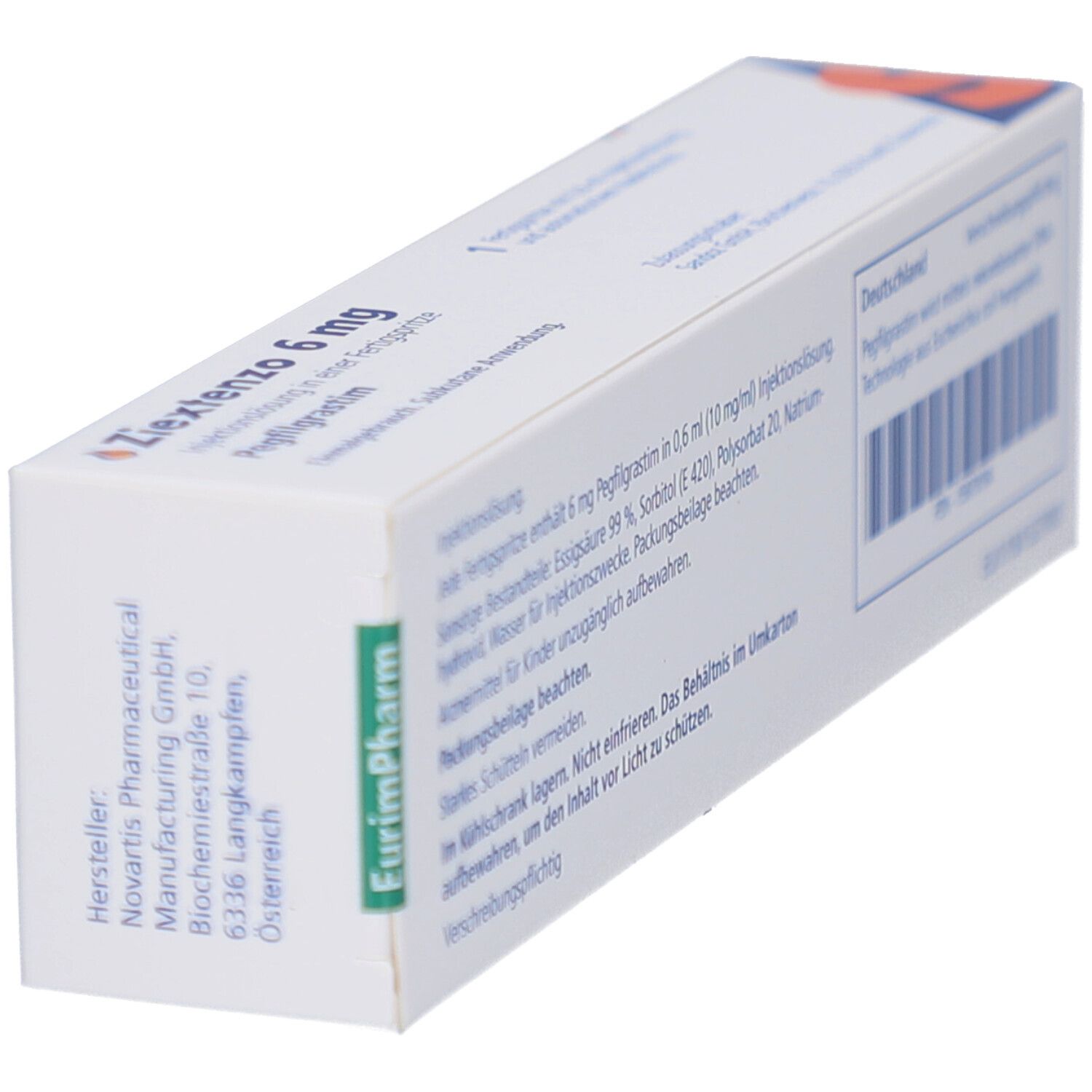 Seitenansicht der Ziextenzo 6 mg-Verpackung. Text: Inhaltsstoffe, Hersteller: Novartis, Chargennummer, EurimPharm.