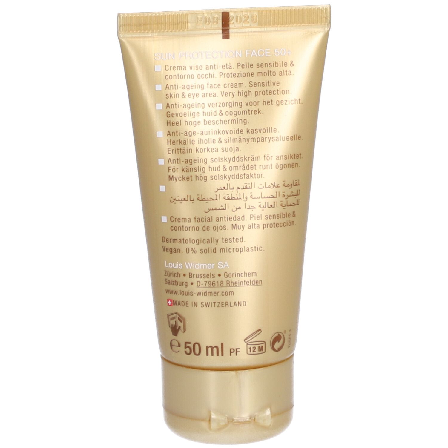 Rückseite der Sonnencreme-Tube. Mehrsprachiger Text, darunter: Creme viso anti-età, Anti-age face cream, etc. Mit Inhaltsangaben.
