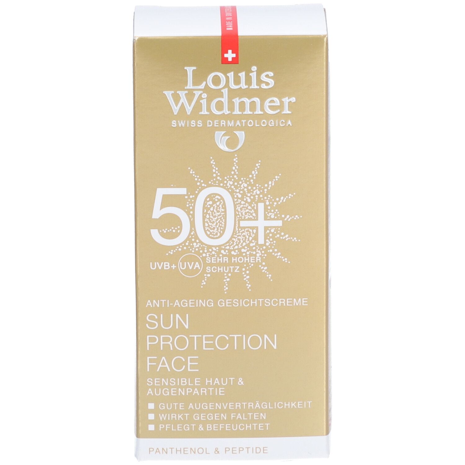 Sonnencreme-Schachtel. Aufschrift: Louis Widmer, 50+, Sun Protection Face. Text in Deutsch. Mit Logo und Produktinformationen.