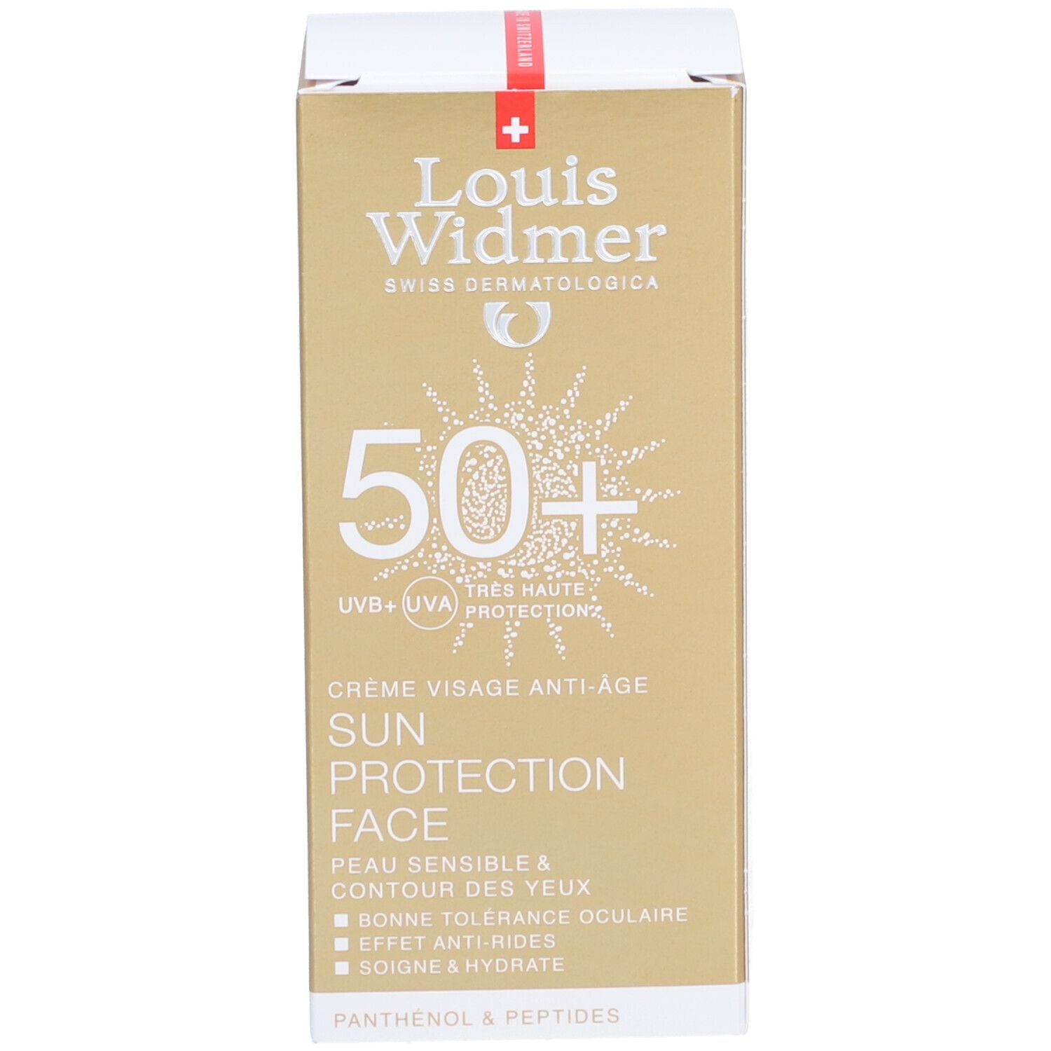 Sonnencreme-Schachtel. Aufschrift: Louis Widmer, 50+, Sun Protection Face. Text in Französisch. Mit Logo und Produktinformationen.
