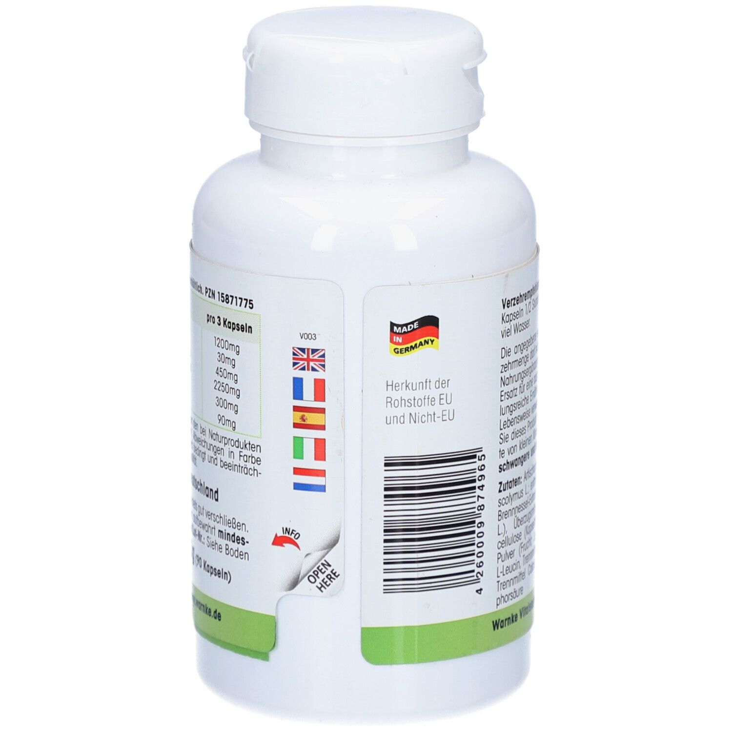 Rückseite der Flasche. Text: Dosierung, Inhaltsstoffe. Flaggen von EU-Ländern. Made in Germany. Barcode.