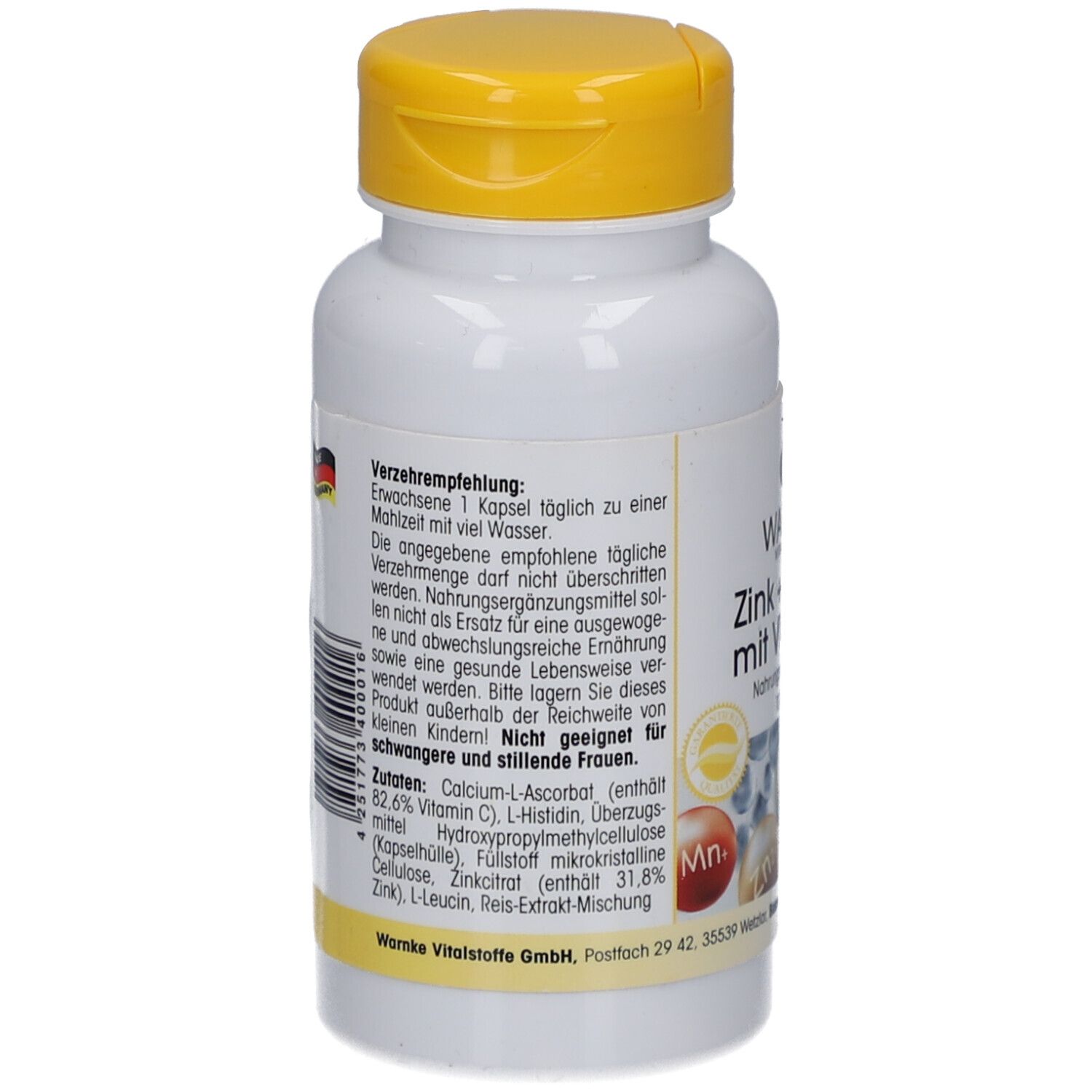 Rückseite der Flasche. Text: Verzehrempfehlung, Zutaten. Barcode und Made in Germany. Warnke Vitalstoffe GmbH.