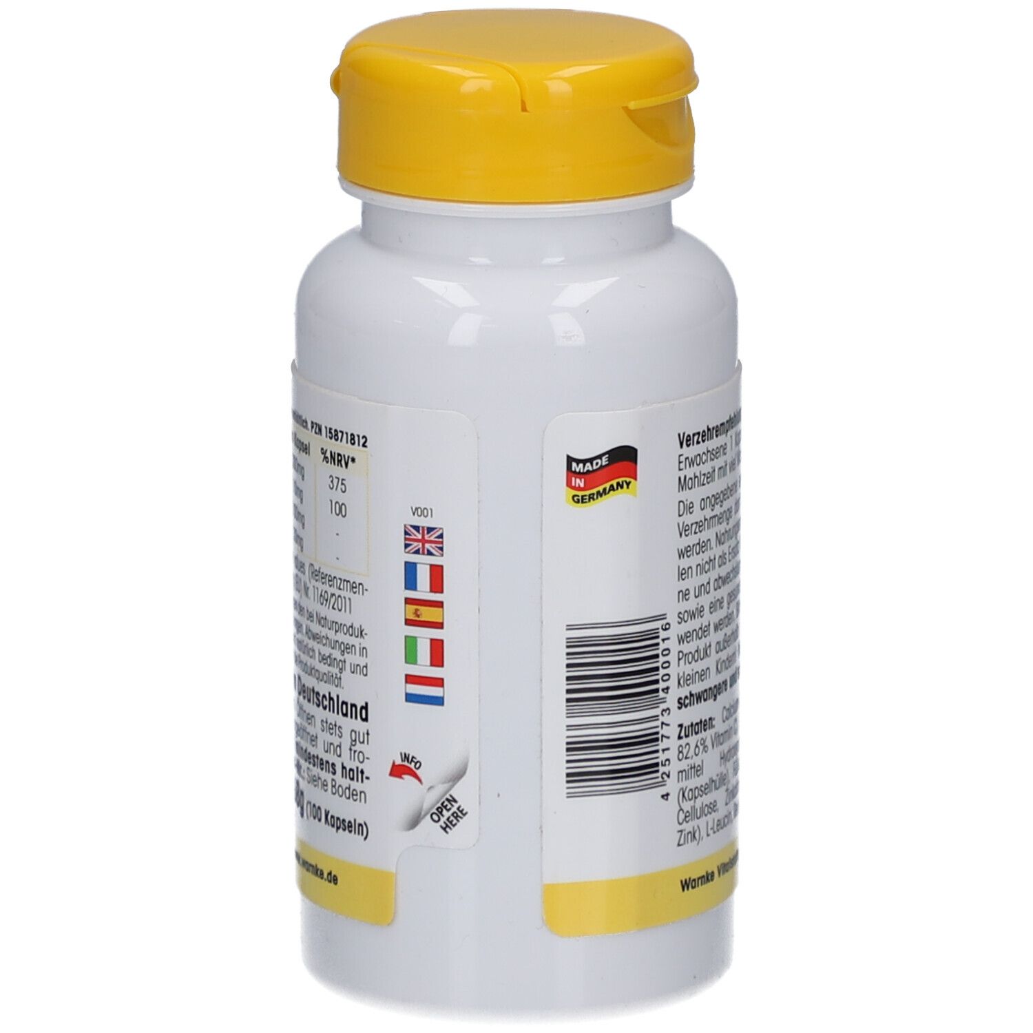 Rückseite der Flasche. Text: Verzehrempfehlung, Zutaten. Barcode und Made in Germany. Flaggen.