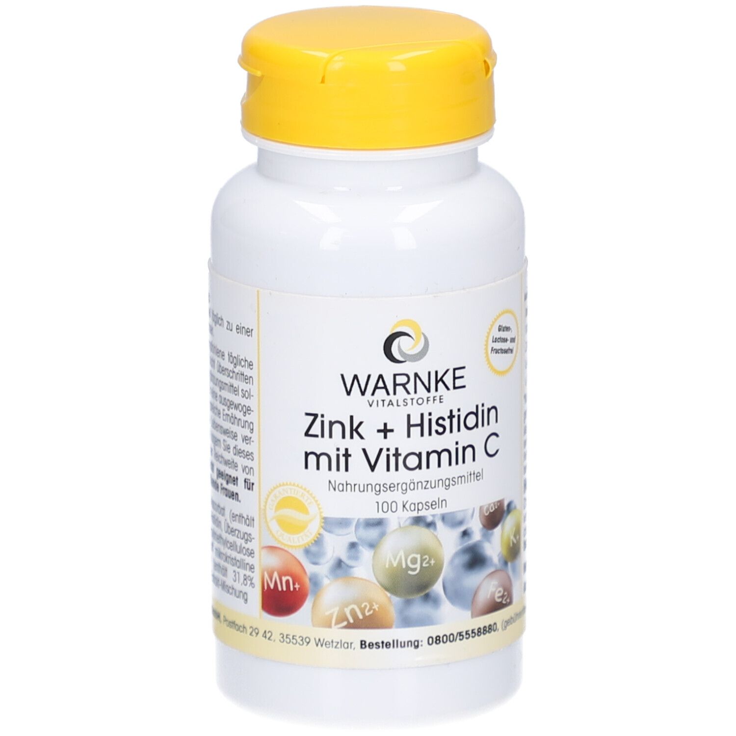 Weiße Flasche mit gelbem Deckel. Aufschrift: WARNKE Vitalstoffe, Zink + Histidin mit Vitamin C. 100 Kapseln.