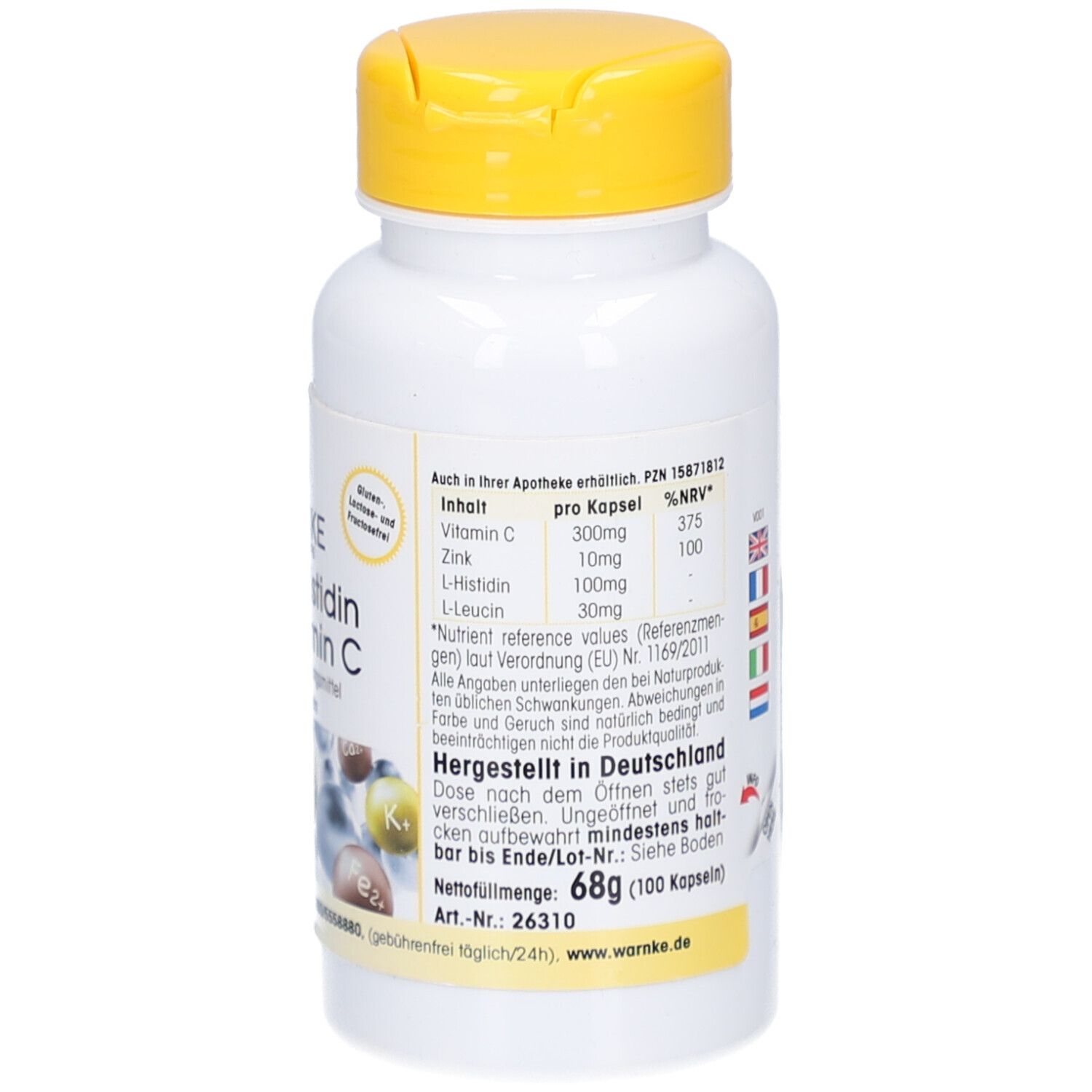 Rückseite der Flasche. Text: Inhaltsstoffe, pro Kapsel, %NRV. Hergestellt in Deutschland. 68g (100 Kapseln).